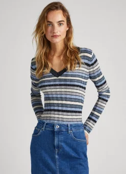 Mulher Pepe Jeans Malhas E Cardigans>Camisola Decote Em V As Riscas