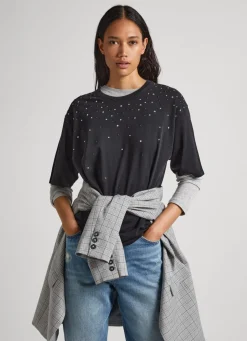 Mulher Pepe Jeans T-Shirts>T-Shirt Com Pormenor De Brilhantes